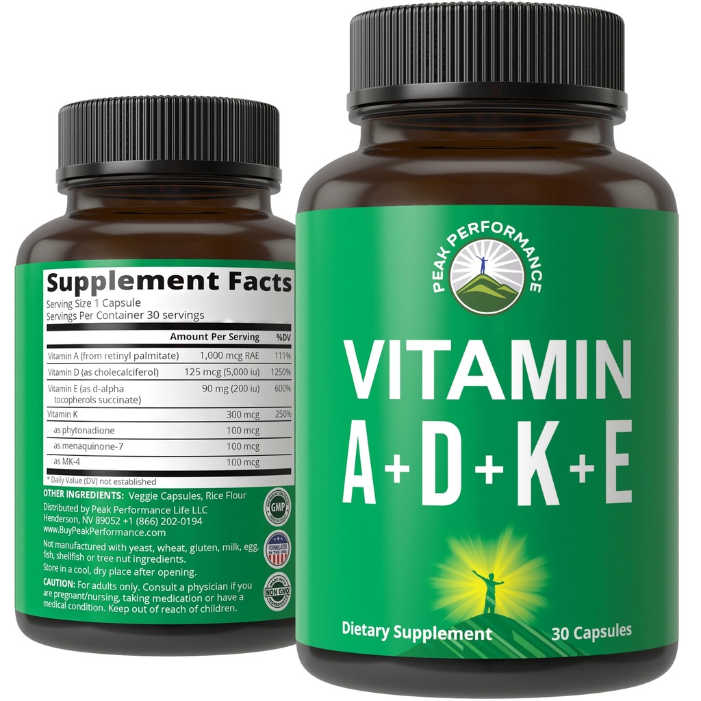 Peak Performance Vitamine D 5.000 iu + A + K + E Alle in 1 leicht zu schlucken Vegan Kapsel. ADK Vitamin Supplement mit E D3 K2. Essentielle Vitamine für Stimmung, Immunität, Knochen, Vision, Herz