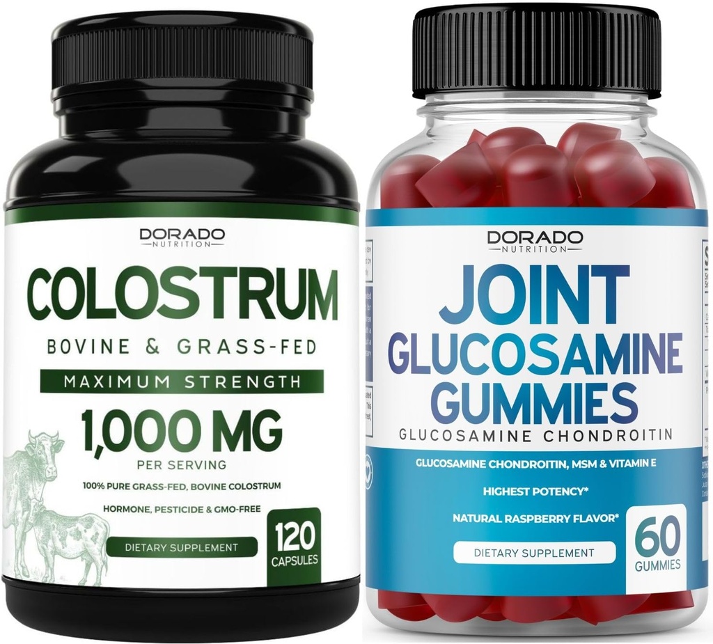 Colostrum (120 Count) Bovine Colostrum Capsules für Erwachsene und Glucosamin Chondroitin (60 Gummi) Joint Supplements für Männer und Frauen mit köstlicher Himbeere Flavor - Vegan Safe & Made in USA