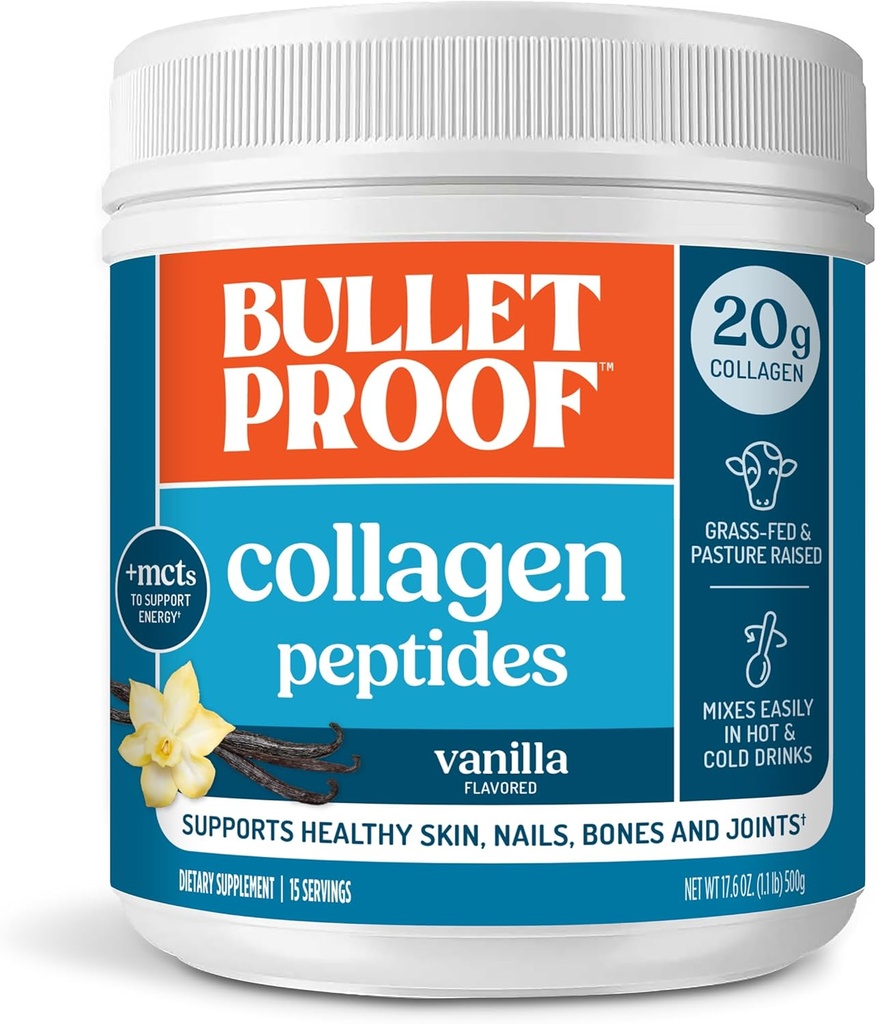 Polvere di peptidi di Vanilla a prova di proiettile con olio MCT, 14.3 once, proteina di collagene di erba-Fed per la pelle, il supporto di ossa e Joint, la pasta ha aumentato, ormoni non aggiunti, vary di imballaggio di maggio