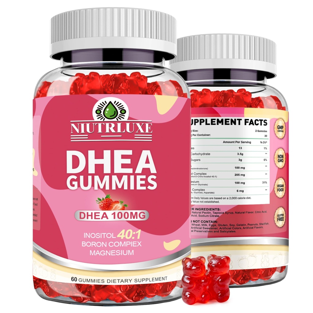 DHEA Gummies, DHEA Supplementi per le donne, DHEA 100mg Masticabile con Boron, Inositolo e Magnesio, Pro-invecchiamento, Supporto ovarico, Supporto per il sonno, Vegan, 60 conteggi
