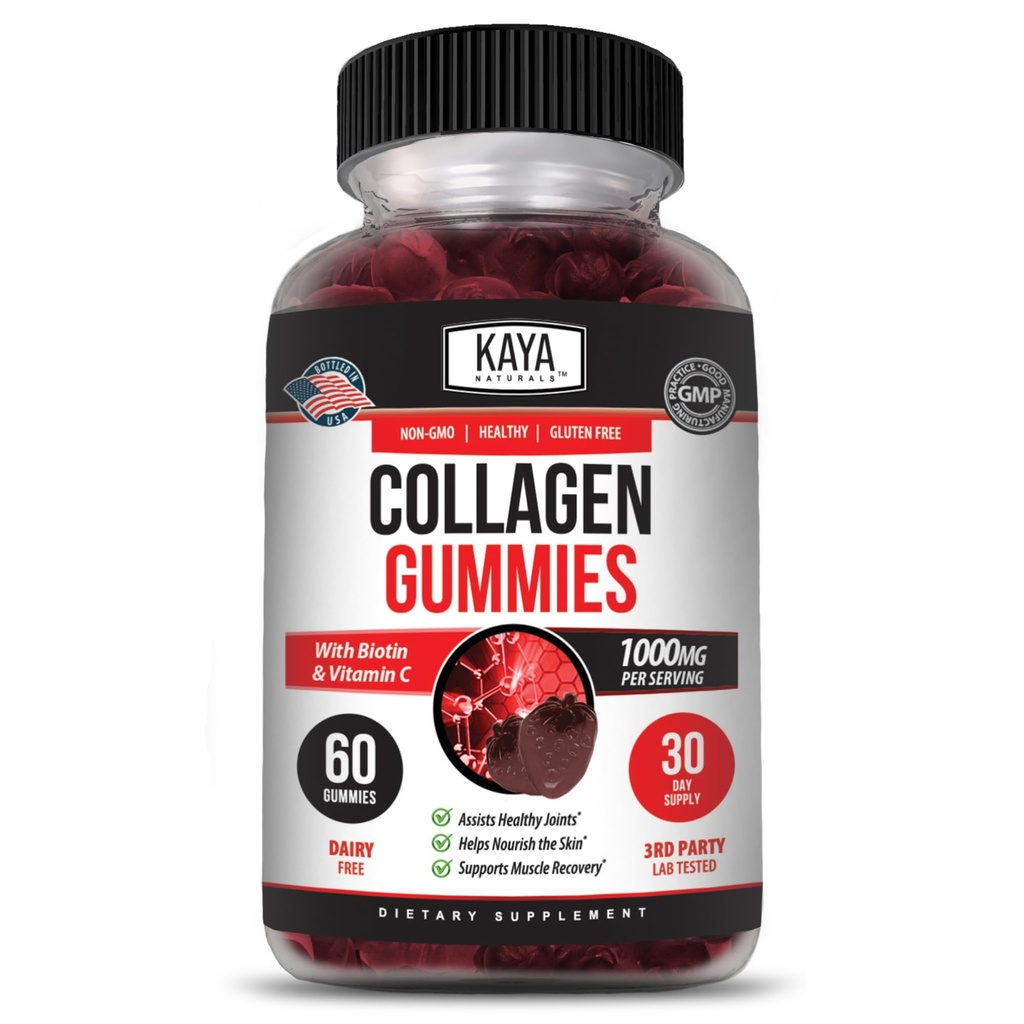 Kaya Naturals Collagen Gummies per Men & Women Supplemento | Gummies naturali - 1000mg di collagene idrolizzato, vitamina C, selenio & Biotina, aroma di fragola - 60 Conte Gummies
