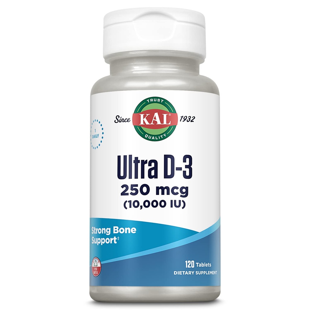 KAL Ultra Vitamin D3 10000 IU 250 mcg, hohe Potenz Vitamin D Tabletten, Kalziumabsorption, Knochengesundheit und Immununterstützungsergänzung, schnelle Zersetzung D-3 ActivTabs, 120 Portionen, 120 Tabletten