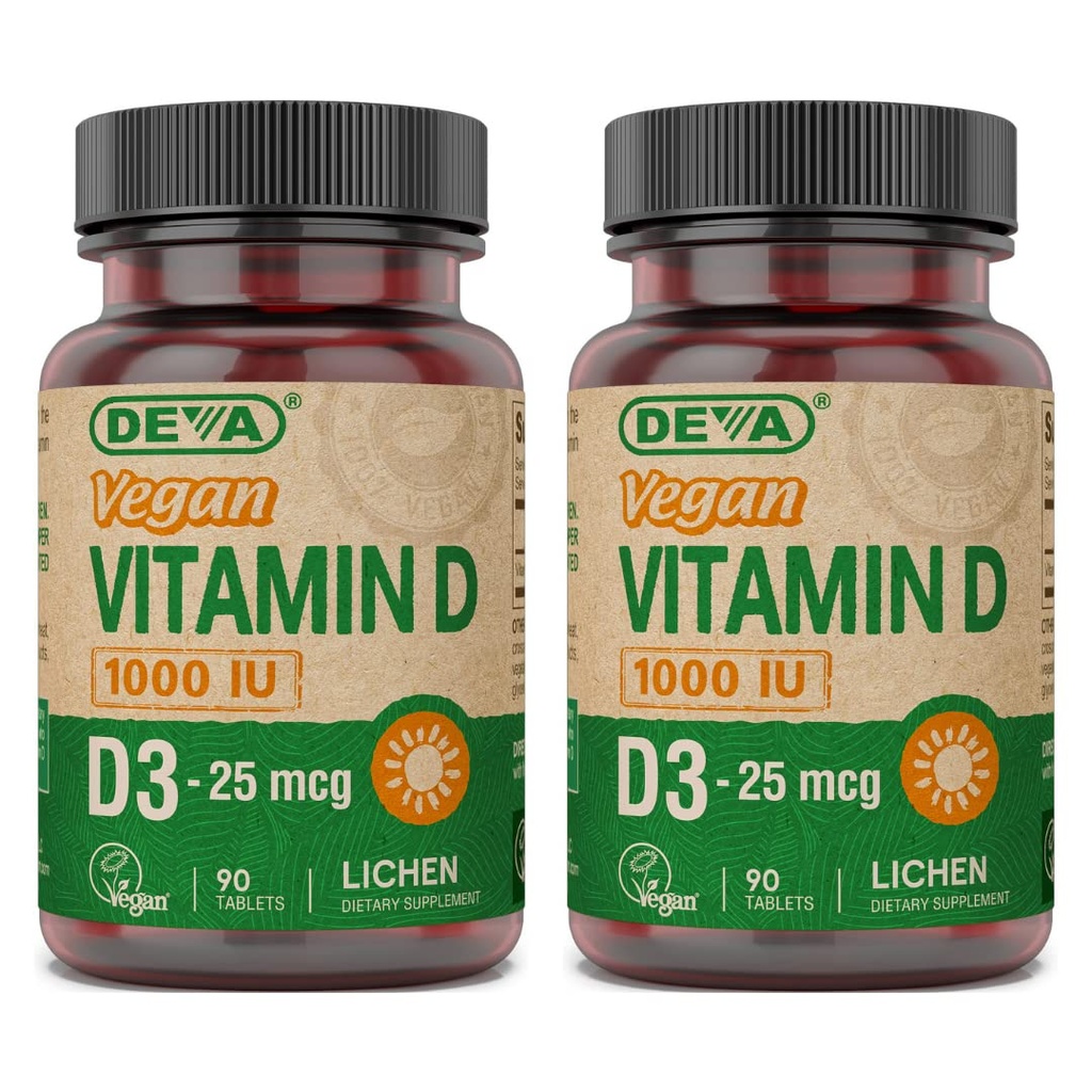 DEVA Vegan Vitamin D3 Supplement - Einmal täglich Tablette mit 1000 IU - Cholecalciferol - Lichen Pflanze abgeleitet - 90 Small Tablets, 2-Pack
