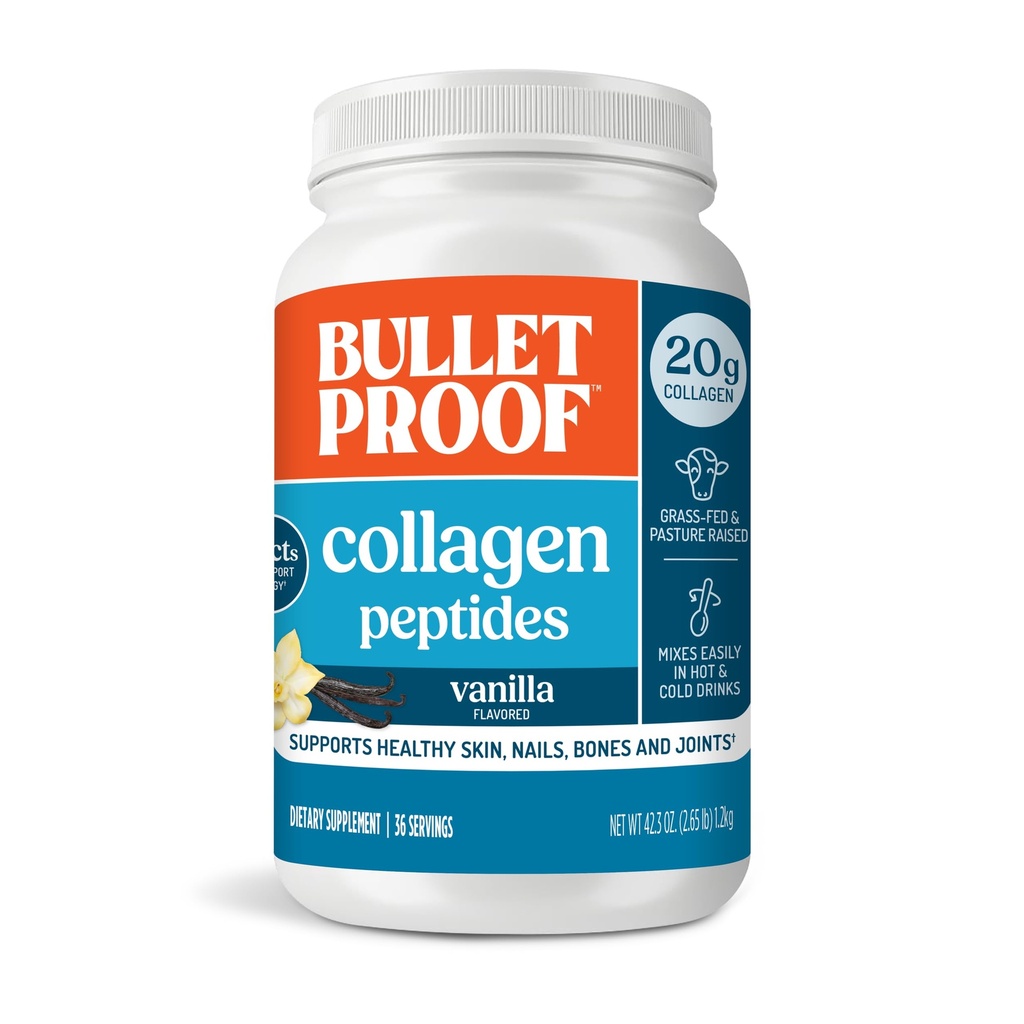 Polvere proteica a prova di proiettile di Vanilla Collagen con olio MCT, proteine 19g, 42.3 Oz, dimensione del valore, peptidi di collagene e aminoacidi per pelle sana, ossa e giunti