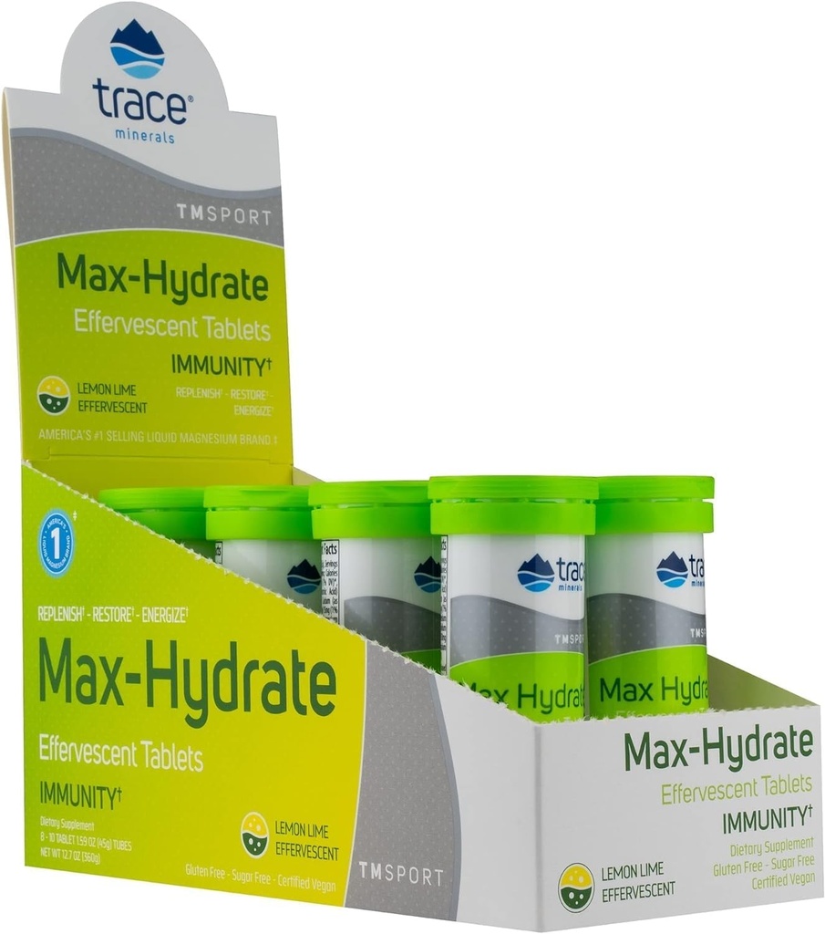 Trace Minerals Max-Hydrate Immunity - Supplément de boisson d'électrolyte pour la santé immunitaire et le soutien à l'hydratation - Supplément de vitalité pour aider le soulagement des crampes musculaires - Citron Lime, 8 contenants (80 portions)