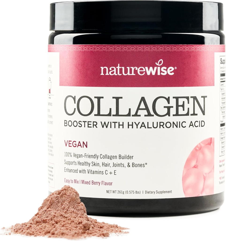 NaturalWise Vegan Collagen Powder - Booster Formula per capelli sani, pelle, e chiodi con acido ialuronico, vitamina C ed E, Proteine - Mixed Berry Flavor - Dairy-Free, Non OGM - 15 porzioni