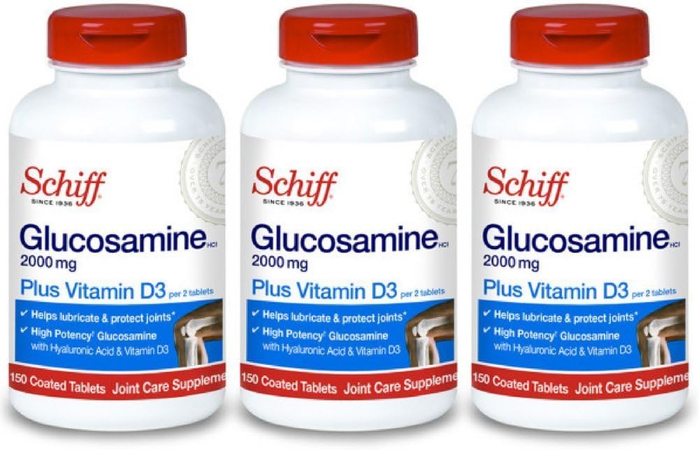 Schiff Glucosamine 2000 mg con vitamina D3 e acido ialuronico, 150 compresse - supplemento congiunto (pacchetto di 3)
