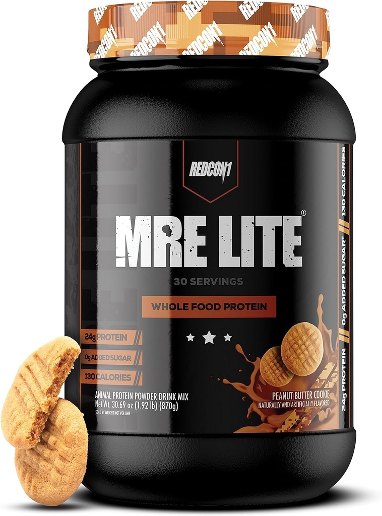 REDCON1 MRE Lite Polvere di proteine alimentari, biscotti di burro di arachidi - Basso Carb & Whey Sostituzione di pasti gratuiti con miscele di proteine animali - Facile da digerire Supplemento realizzato con oli MCT (30 Serve)