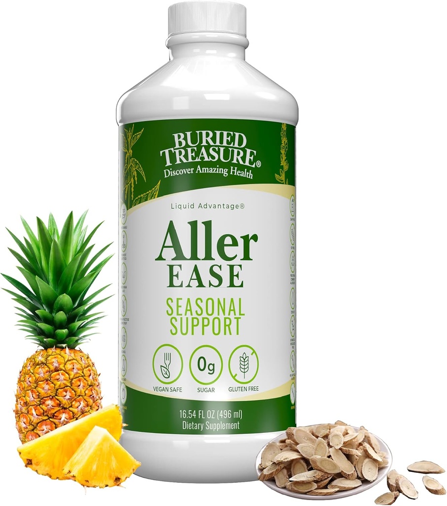 Buried Treasures Aller Ease - 16 fl oz. Flüssige Ergänzung w/ Quercetin, Bromelain, Mullein, unterstützt Immun, Sinus Comfort, Non-Drowsy Kräuterformel