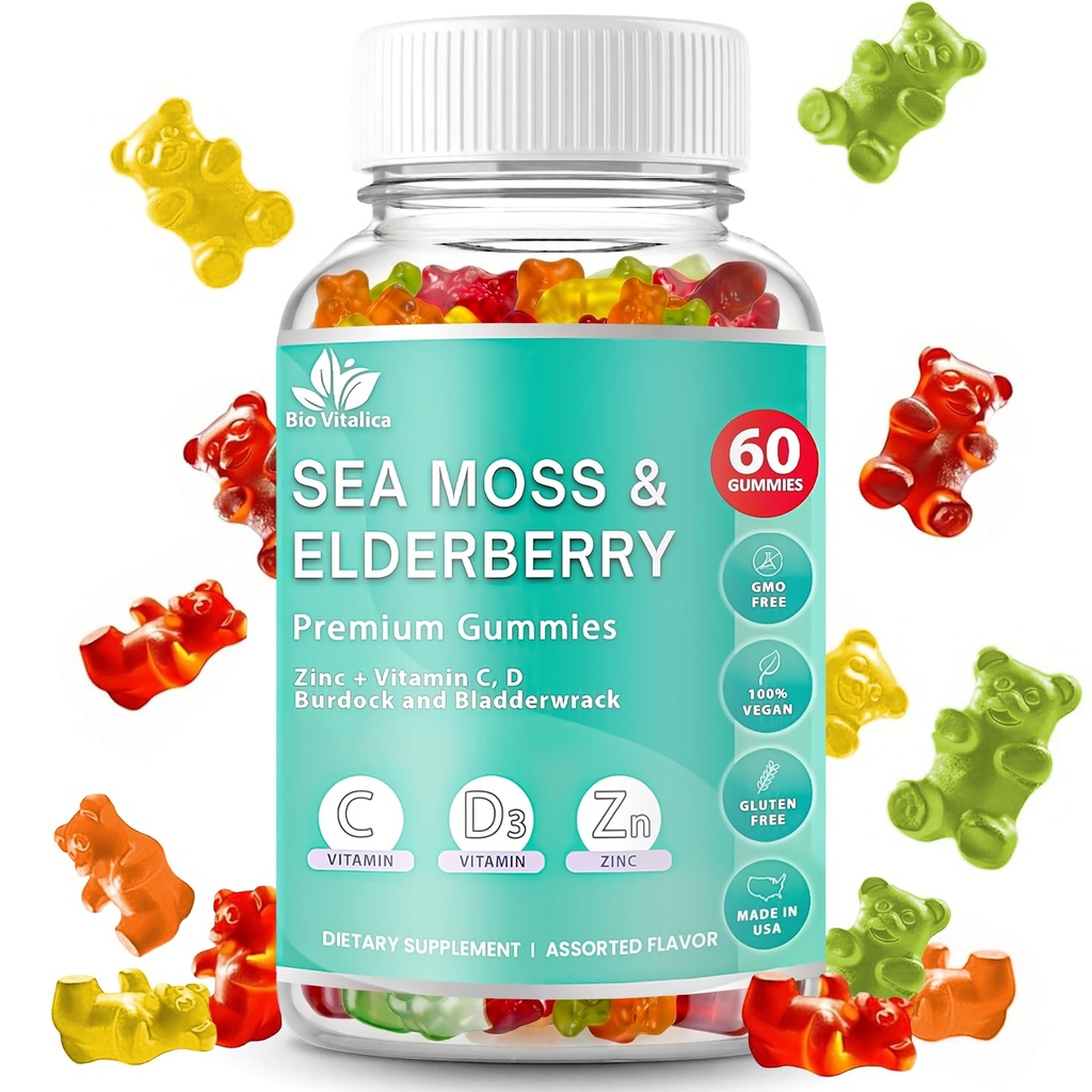 BIO VITALICA Sea Moss Gummies Elderberry BioVitalica - Vitamina C D + Zinc - Irish Seamoss Vegan Gummy with Sea Moss Gel & Powder for Immunity, Detox - per adulti e bambini