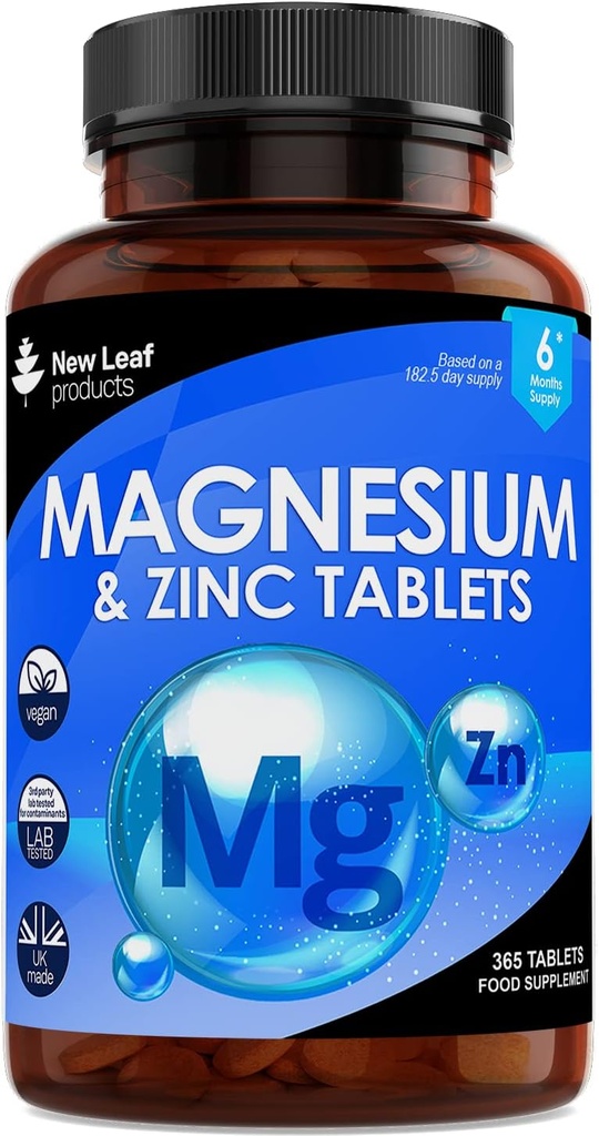 Supplément de magnésium Supplément de magnésium et de zinc (6 mois d'approvisionnement) Magnésium et zinc - os musculaires et fonction immunitaire saine - végétalien, non OGM, sans gluten - 365 petits comprimés