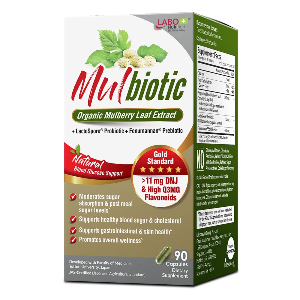 LABO Nutrition Mulbiotic Capsule, Organic Mulberry Leaf Extract + LactoSpore Probiotici & Fenumannan Prebiotic, per il supporto sano di carb Cravings, Vegetariano, Non OGM