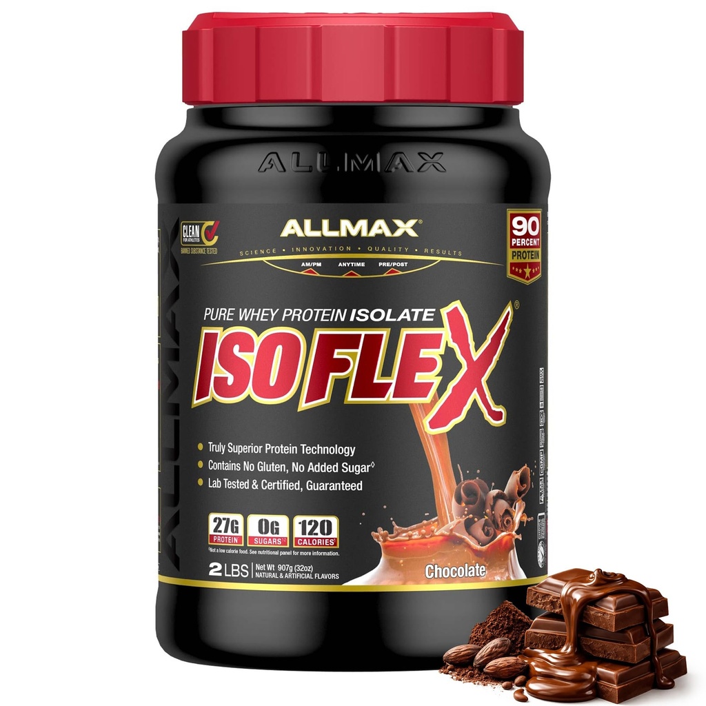 ALLMAX ISOFLEX Whey Protein Isolate, Chocolate - 2 lb - 27 Grammi di Proteine Per Scoop - Zero Fat & Sugar - 99% Lactose Free - Gluten Free & Soy Free - Circa 30 Serve
