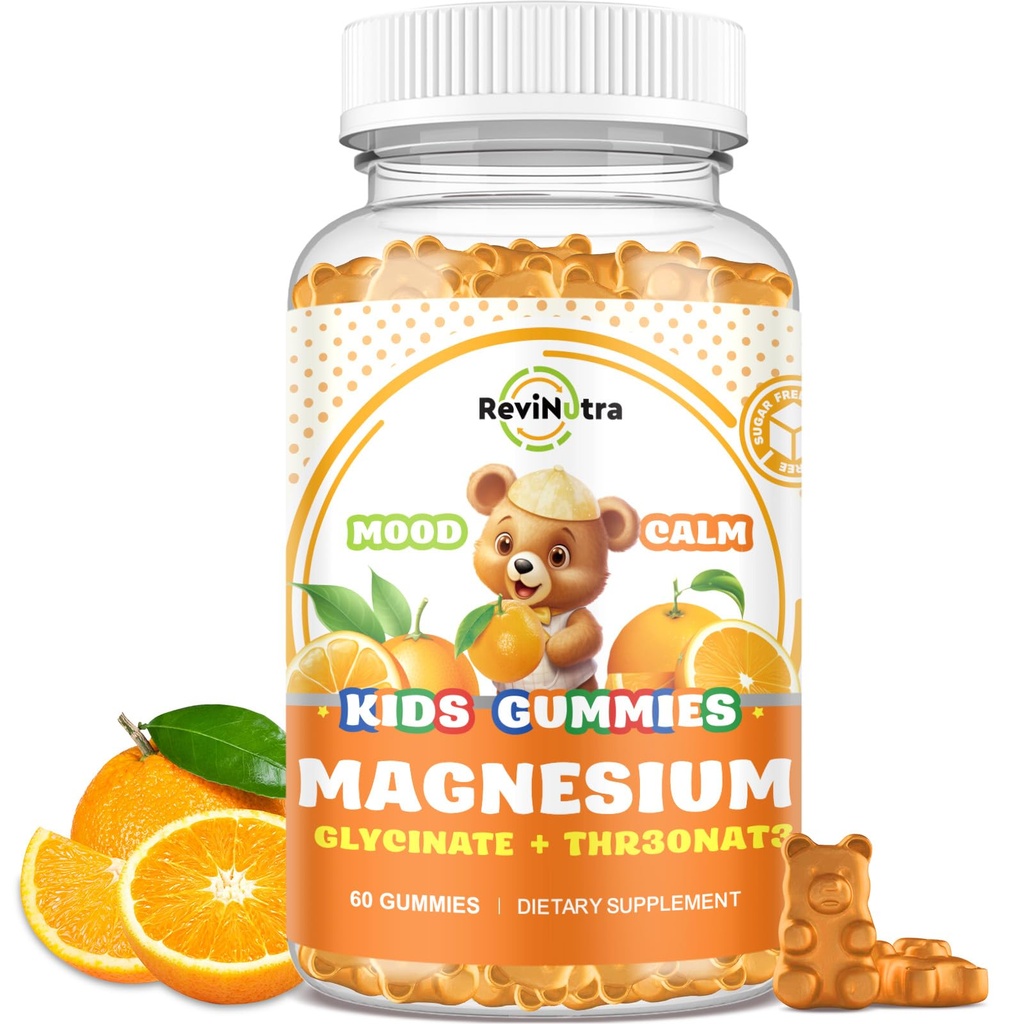 Magnésium complexe Gommies pour les enfants et les adultes- Supplément de magnésium Glycinate- Soutenir le soulagement du stress calme, les os, l'humeur végétalien- sans sucre orange saveur, 60 Gummies