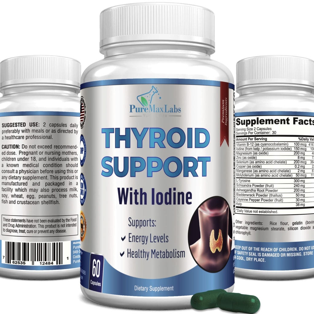 Supporto tiroide con iodio - Metabolismo Booster, Energy Booster, Aumentare la messa a fuoco - Premium Non-GMO tiroide Supplemento 60 capsule