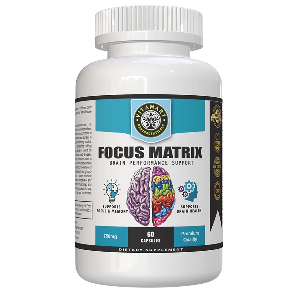 Matrix de focale (1 bouteille) Supplément santé cérébrale- pour une meilleure concentration, mémoire, attention, Ginkgo biloba Leaf, Bacopa Monnieri, Focus Pill