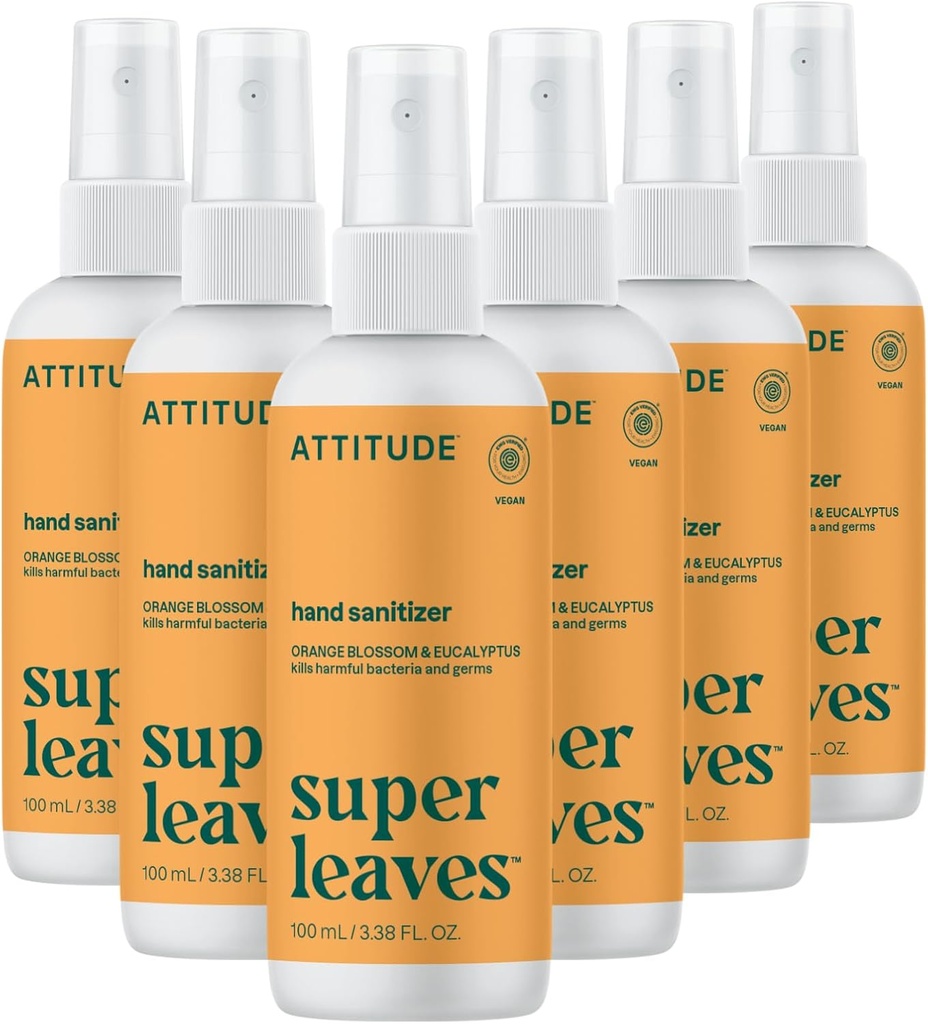 ATTITUDE Sanitizzatore a mano spray, EWG verificato, uccide Germs & Bacteria, Vegan & Plant-Based, sicuro per adulti & bambini, arancione Blossom & Eucalyptus Scent, 3.38 Fl Oz (bottiglia di preghiera)