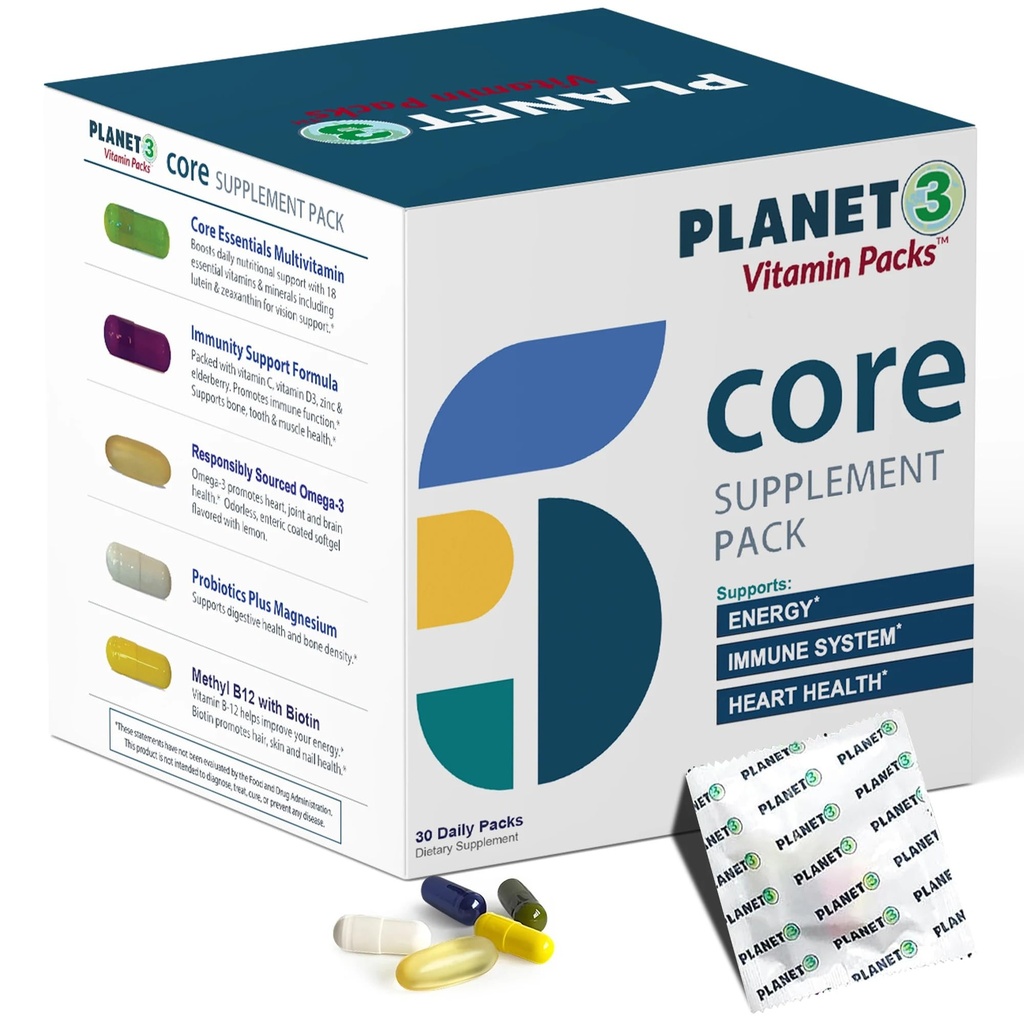 Pacchetti di vitamina giornalieri per uomini e donne – Supporto immunitario con Elderberry, Vitamina C, Zinc & D3 – Multivitamina con Omega-3 per la salute del cuore, Probiotici, Methyl B12, Biotina, Lutein & Zeaxanthin – Pianeta 3