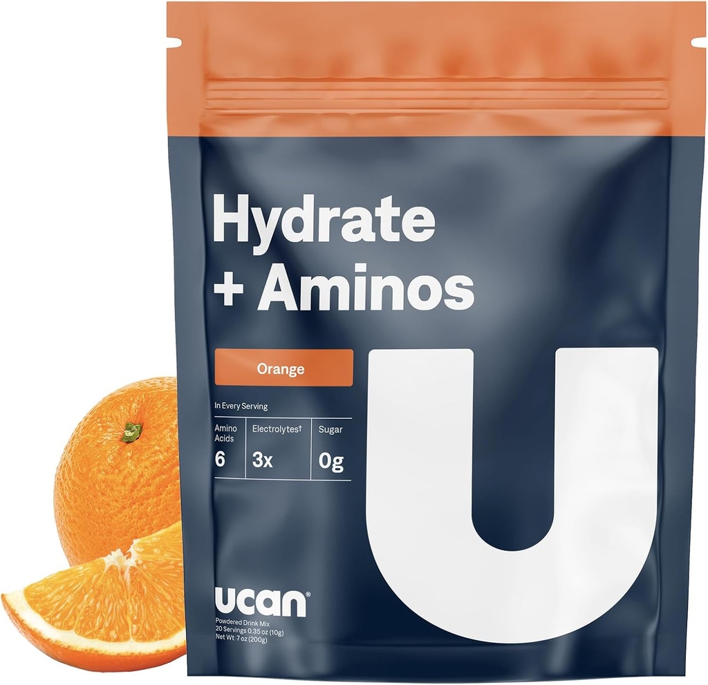 UCAN Hydrate + Aminos, Sac de service Orange 20, Keto, Electrolyte sans sucre + Récupération musculaire, Electrolytes essentiels + AEA et BCAA, Non-OGM, Vegan, pour les coureurs, Gym-Goers, Athlètes de performance