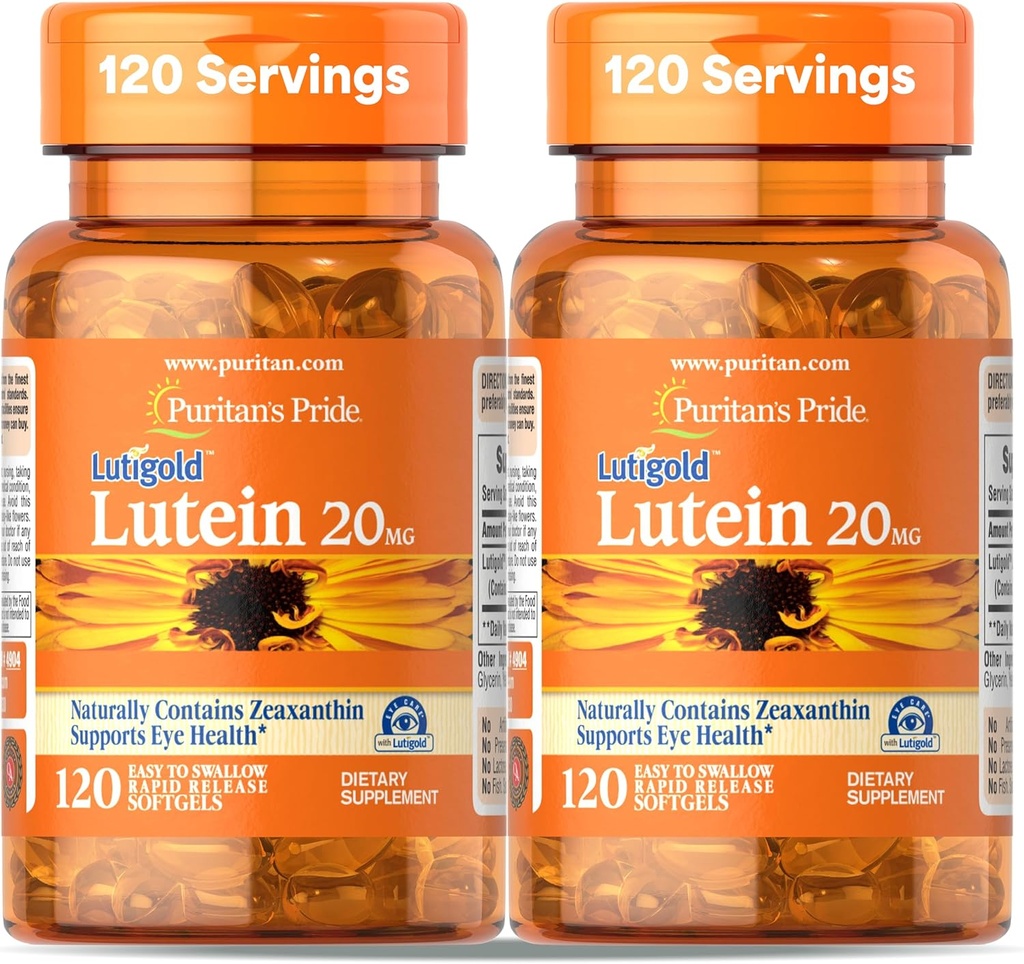 Puritan's Pride Premium Lutigold Lutein Carotenoid 20mg mit Zeaxanthin für Männer und Frauen, Nahrungsergänzung für Augengesundheit Unterstützung, 8 Monate Versorgung, 120 Easy-to-Swallow Softgels, 2 Pack
