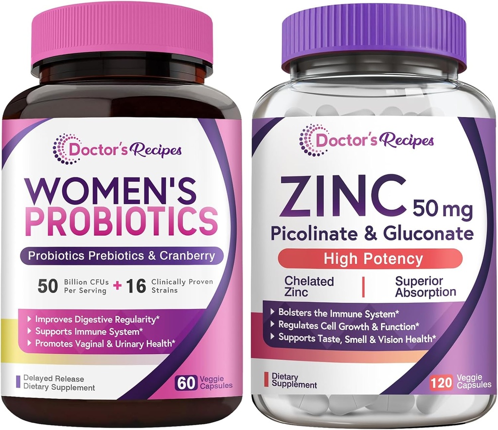 Recettes du médecin Femmes Probiotiques & Zinc Bundle, Digestive, Vaginal et Urinaire, Protection naturelle immunitaire, Libération différée Capsules Probiotiques 60ct & Zinc Capsules 120 ct