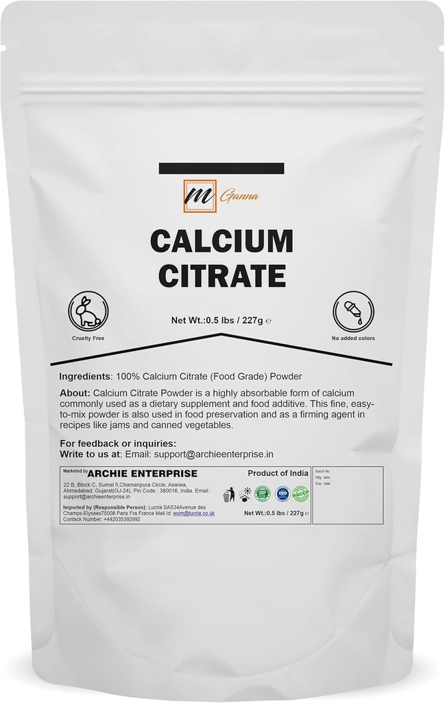 Polvere di citrato di calcio al 100% (grado di grasso) Versatile, Fonte di calcio altamente assorbibile 0.5 lbs/ 227 g