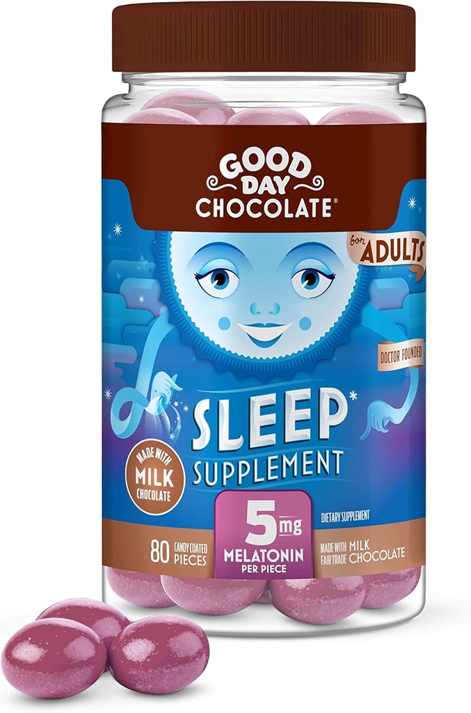 Buona giornata Melatonina al cioccolato per adulti [80 Conte ] - Commercio equo Cioccolato al latte non OGM con camomilla e melatonina 5 mg - Melatonina per adulti, Supplemento per l'aiuto al sonno naturale per adulti