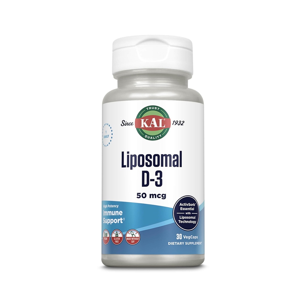 KAL Liposomales Vitamin D3 50 mcg, hohe Absorption Vitamin D, Liposomale Technologie, hohe Potenz Immununterstützung, Vegan Kapseln, Glutenfrei, keine Soja, 30 Portionen