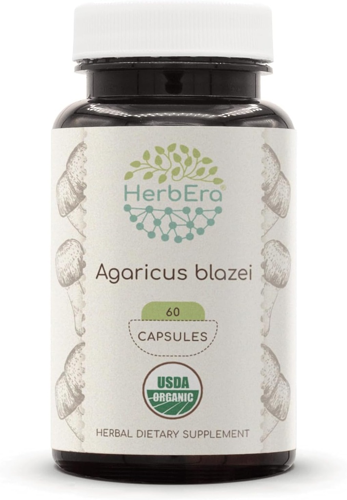 HerbEra Agaricus Blazei USDA Organic 60 Capsules | Natural Herbal Supplement | Certified Organic Vegetarian Capsules and Organic Agaricus Blazei (Agaricus blazei murill) Getrockneter Pilz (60 Kapseln)
