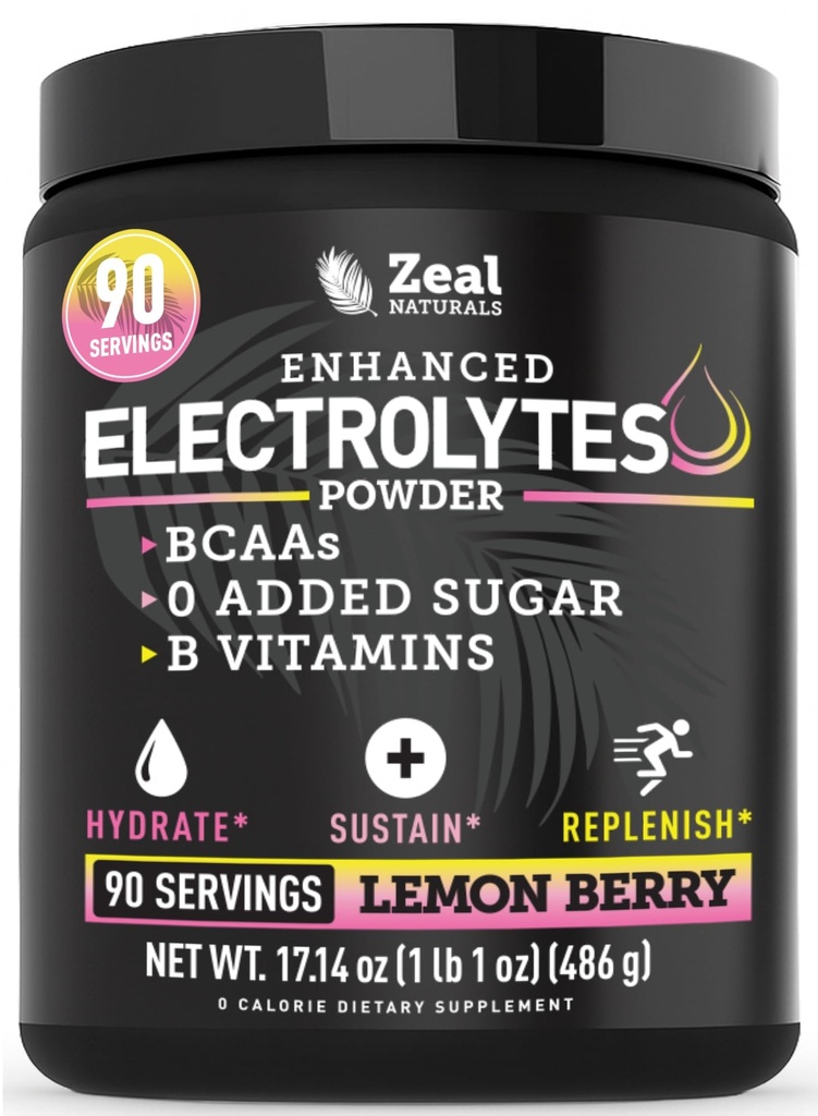 Zeal Electrolyte Powder - 90 Servings | Polvere di elettroliti Keto | Zucchero Zero, BCAAs, B-Vitamins | Potassium, Zinco, Magnesio | bevanda di recupero della polvere di idratazione | Berry di limone