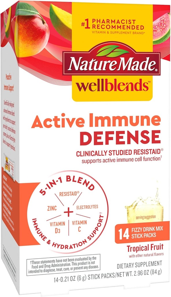 Natur gemacht Wellblends aktive Immunabwehr Fizzy Drink Mix, ResistAid, Vitamin C 500mg, Vitamin D 1000 IU, Zink und Elektrolyte Pulver, 14 Stick Packs