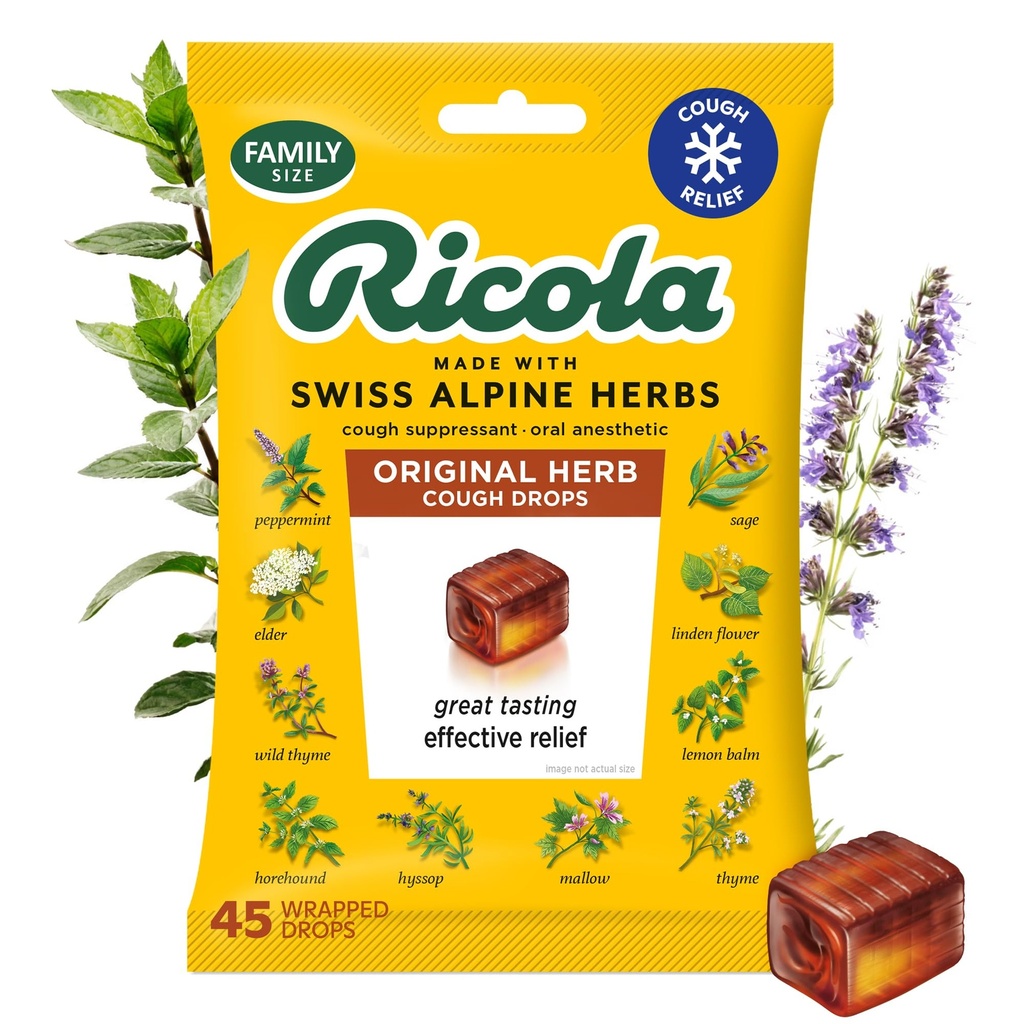 Ricola Original Herb Cough Drops, 45 Count, Cough Suppressant & Throat Rilieving Drops with Naturally Sourceed Menthol, Pleasing Herbal Taste for Coughs & Throat Irritation Symptom Relief
