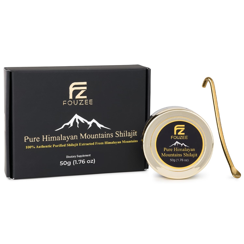 FOUZEE Pure Himalayan Berge Shilajit - 77% + Fulvic Säure Authentic Hard Consistency, natürliche Quelle von Fulvic Säure, über 85 Trace Minerals, Inklusive Edelstahl Spoon (50 Gramm)