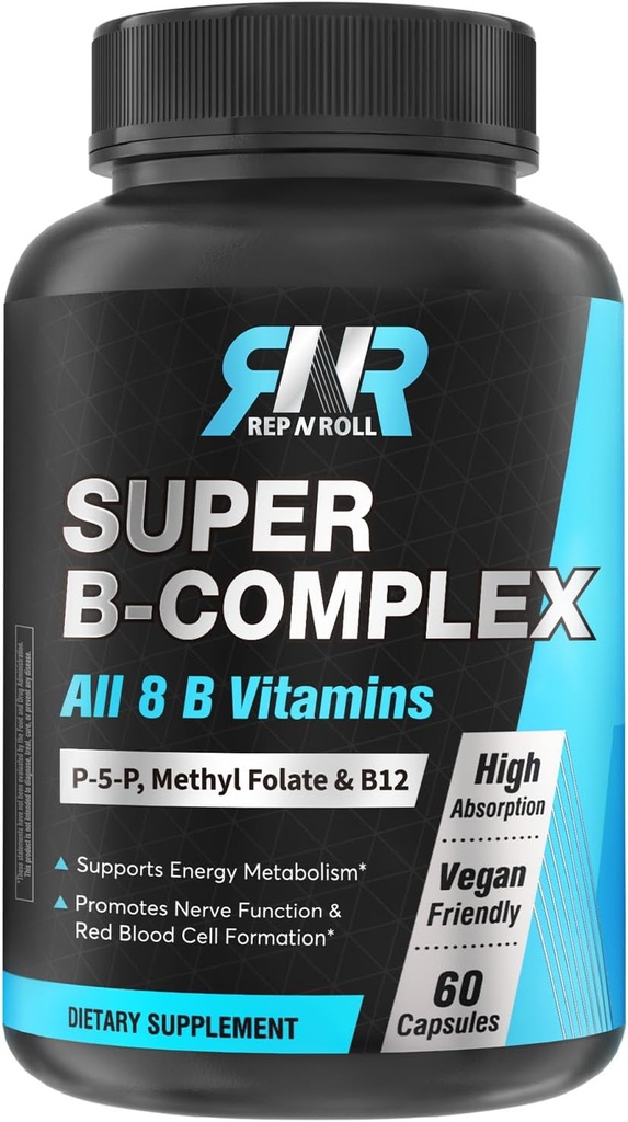 Complexe Super B, 8 vitamines bioactives B, avec folate de méthyle, méthyl B12, P-5-P (vitamine B6), D-Biotine, Niacinamide, haute absorption, non OGM, soutien à la production d'énergie, 60 bouchons végétaliens