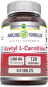 Formules étonnantes Supplément Acétyl L-Carnitine $ 1000 Mg par service $ 120 Supplément comprimés $ Non-GMO $ Sans gluten $ Fabriqué aux États-Unis