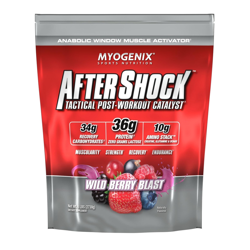 Myogenix Aftershock après l'entraînement — Croissance musculaire Poudre de protéines de lactosérum — Accélération de la croissance et de la récupération musculaires — Soutient la santé articulaire et réapprovisionne le glycogène — Wildberry Blast, 6 lbs