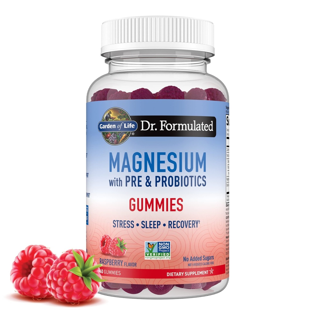 Garten des Lebens Magnesium Citrat Ergänzung Gummi mit Präbiotika & Probiotika für Stress, Schlaf & Erholung - Vegan, Glutenfrei, Kosher, Non-GMO, Ohne Zusatz von Zucker, Himbeer Geschmack, 60 Zähler