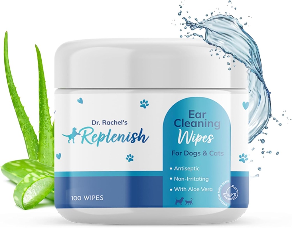 Replenish Cat and Dog Ear Cleaning Wipes - Gentle Medicated Ear Wipes for Dogs - Cucumber Melon Scent - Hundeohrreiniger & Cat Ear Wipes für Reinigung, Beruhigung und Deodorizing Itchy Ears - 100 Count