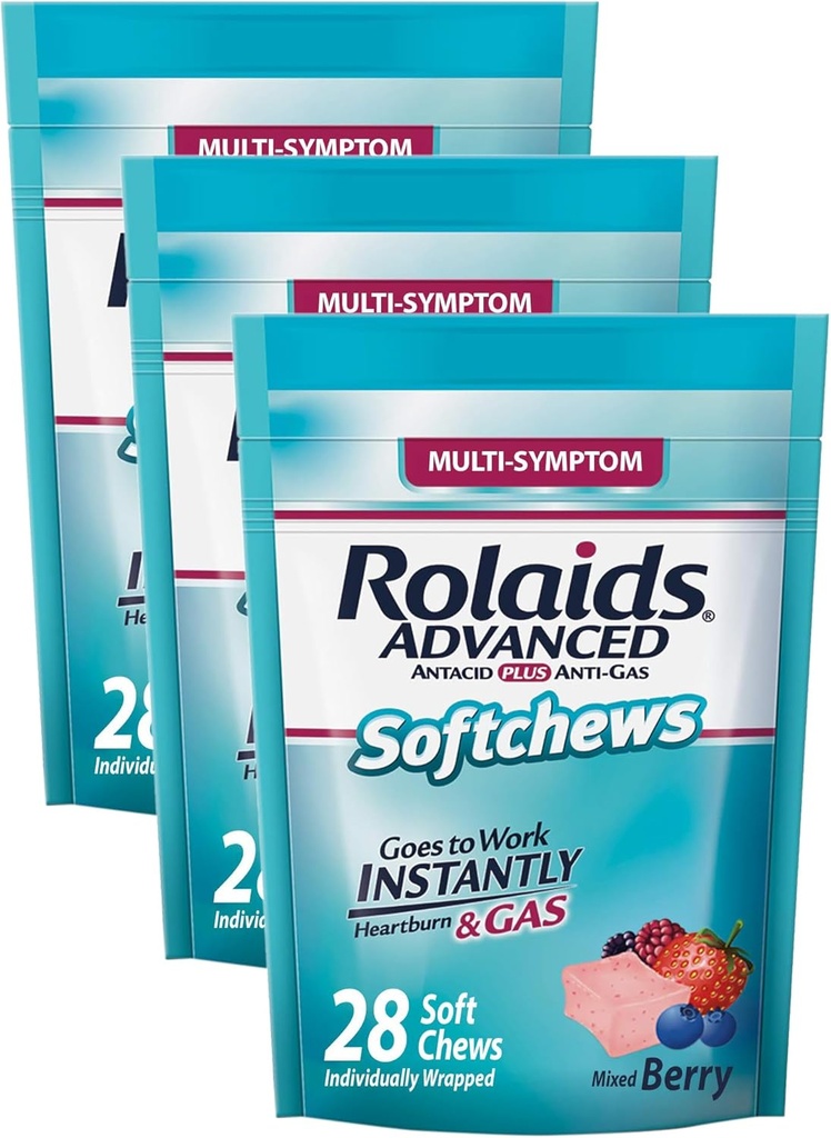 Rolaids Advanced Antacid Plus Anti-Gas Softchews, 28 Count, gemischte Berry, Sodbrennen und Gas Relief (Pack von 3)