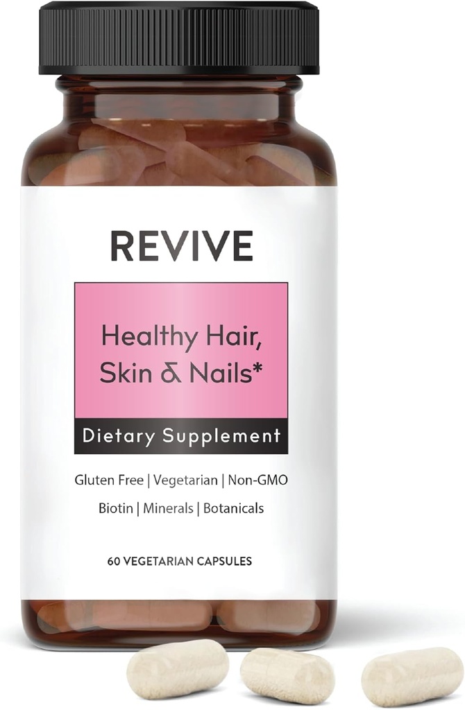 Pelle sana, Hair & Nails Supplemento da Revive Essential Oils - Supporta i capelli sani con la forma Pantented di Biotina - Ashwagandha per il supporto Stress - Plus Vitamins & Minerals