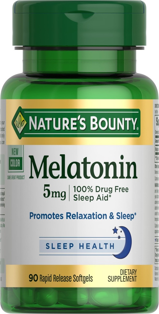 Bounty Melatonin, 100% Droga Dormire gratuito, Integratore alimentare, promuove Rilassamento e salute del sonno, 5mg, 90 Softgels (Pack of 1)