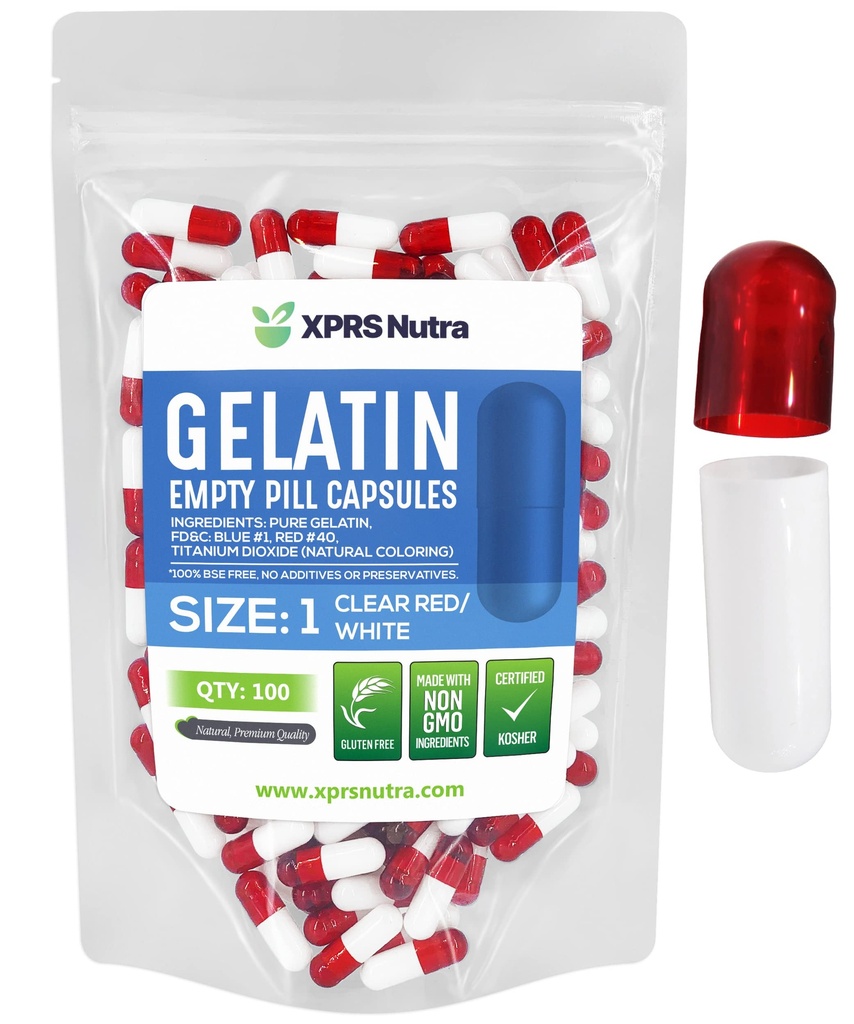 XPRS Nutra Size 1 Capsule Vuote - 100 Conta Capsule Gelatini Vuoti - Riempimento Pillola Capsula fai da te - Pure Bovine Pill Gel Caps per Do-It-Yourself Supplements (Clear Red/White)