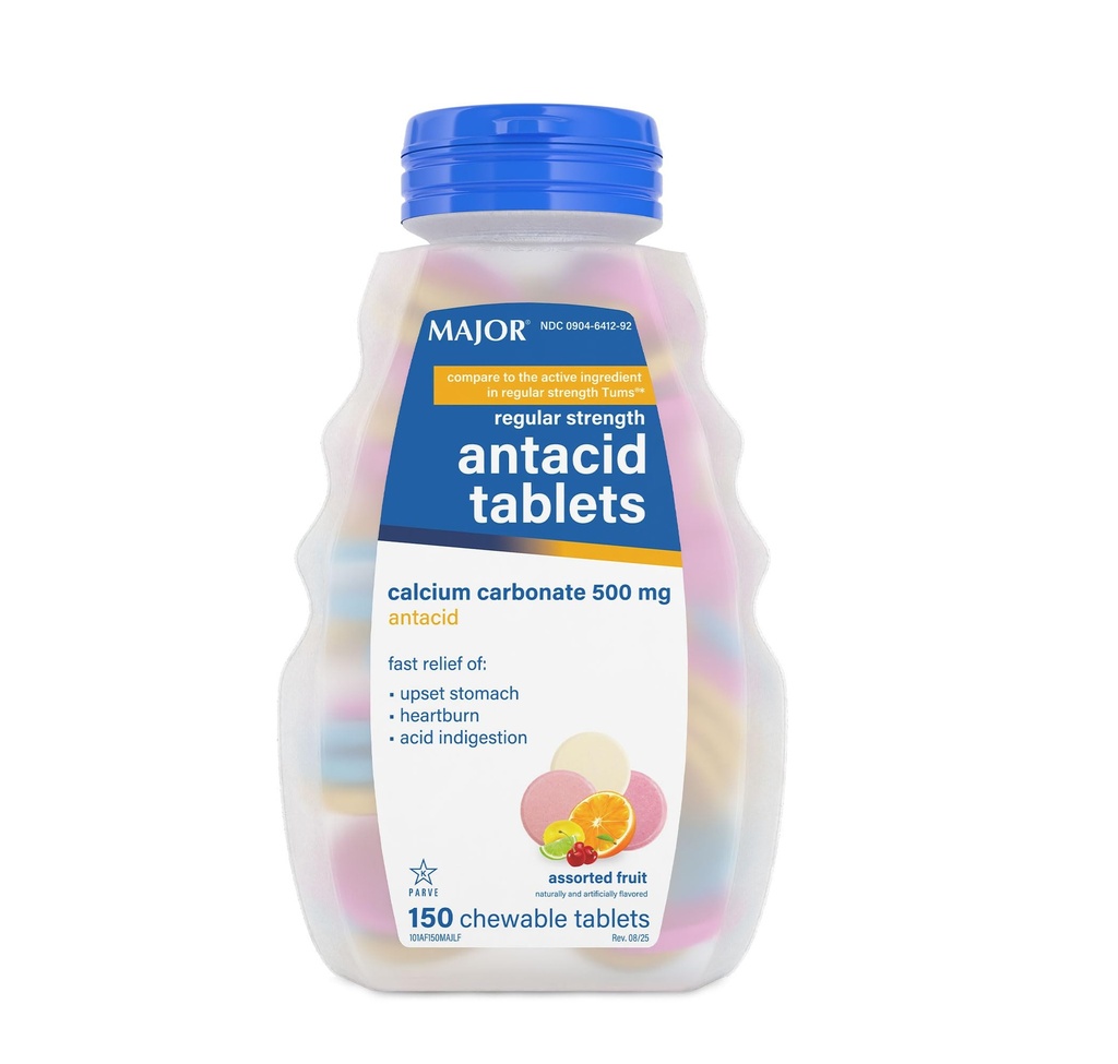 Major Regular Strength Antacid Tablets - Kalziumkarbonat 500 mg - Gesortierte Frucht Geschmack - 150 Chewable Count (1 Pack)