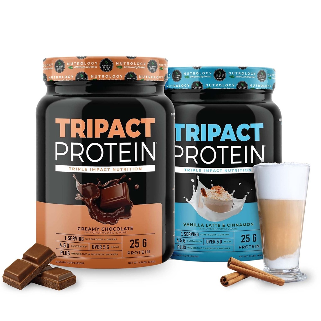 Nutrology TRIPACT Protein - Premium Nutrition Shake - Non-GMO Grass Fed Whey Protein,Plant Proteine,Greens,Superfoods & Probiotics - 5g BCAAs - Creamy Chocolate & VanillaLatte w/Cinnamon 1.5lb Jedes