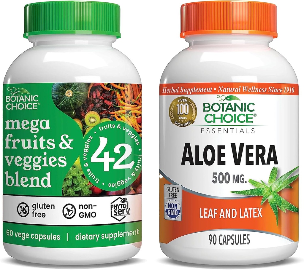 Botanic Choice Mega Fruits and Veggies Blend (60 capsule) + Aloe Vera (90 capsule) Bundle - Energy Balance & Superfood Supplement + Digestive Health Support