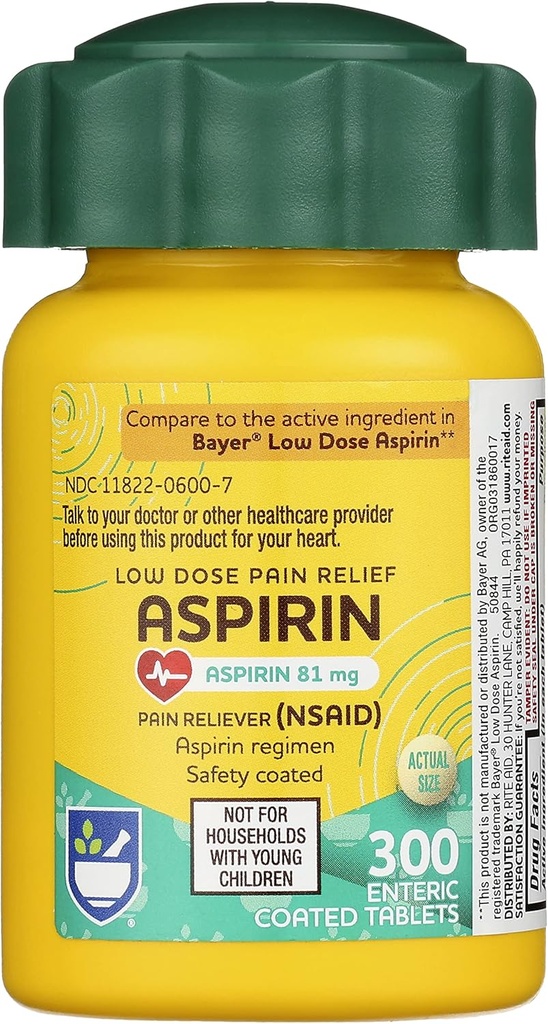 Rite Aid Aspirin Compresse enteriche, 81 mg Aspirina - 300 Conte, Basso Sollievo del Dolore di Dose, Aspirina per Rilievo di Mal di testa, Compresse di sicurezza enterica, Regime di Aspirina, Medicina Migraina, Rilievo di dolore