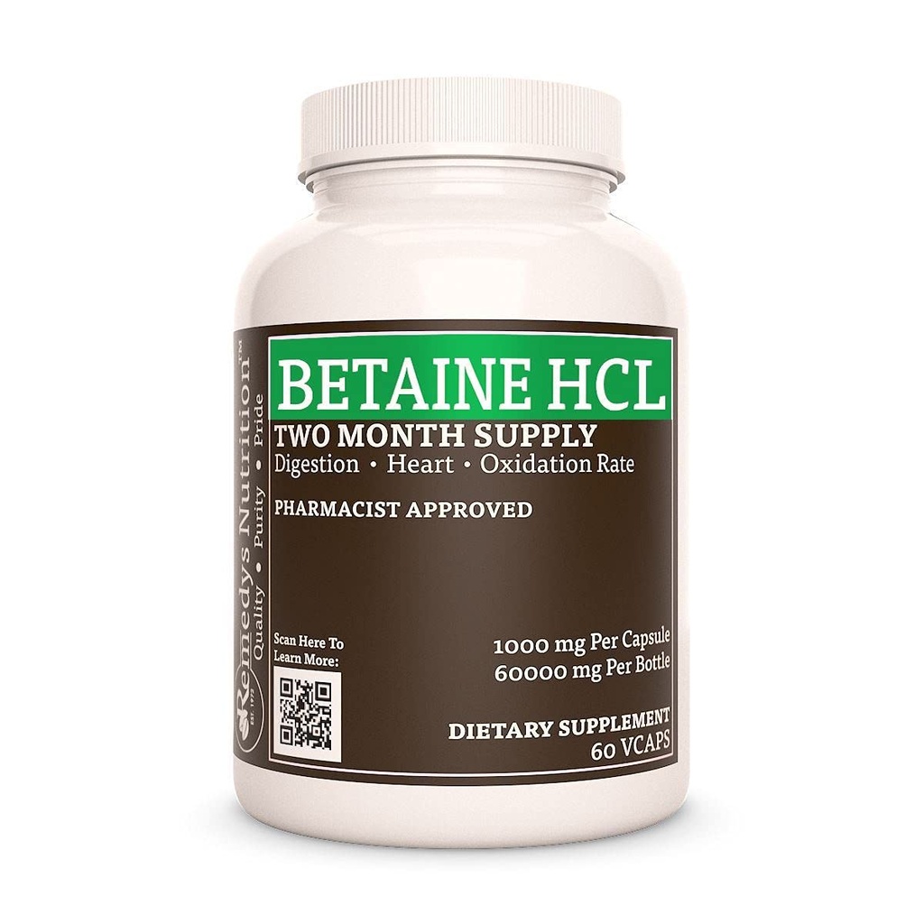 Nutrizione di Remedy Betaine HCL (Hydrochloride) | 1.000 mg, 60 capsule Integratore alimentare | Due mesi di alimentazione | Contiene anche Carbonato di calcio, Papain & Bromelain