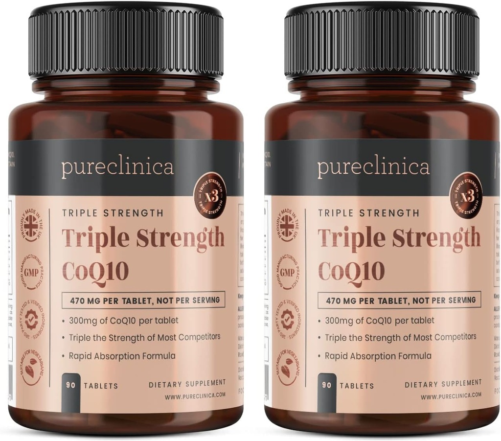 pureclinica Fermented CoQ10 300mg x 180 compresse (2 bottiglie di 90 compresse) - 6 mesi di fornitura. Non OGM, USP Grade. con aggiunta di vitamina C & Black Pepper Extract per l'assorbimento.