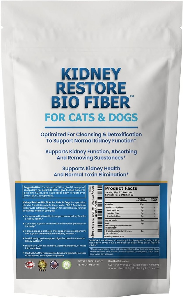 Bio Fibre pour chat et chien Soutien au rein, Supplément de santé pour animal de compagnie, Soutien au rein pour chiens et chats, chien de soutien au renal, Ajouter w/Renal Food, Soutien Fonction normale du rein - 60 portions
