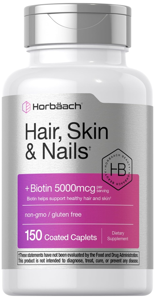 Horbäach Haar Haut und Nägel Vitamine | 150 Caplets | mit Biotin und Collagen | Ergänzung für Frauen und Männer | Non-GMO, Glutenfrei